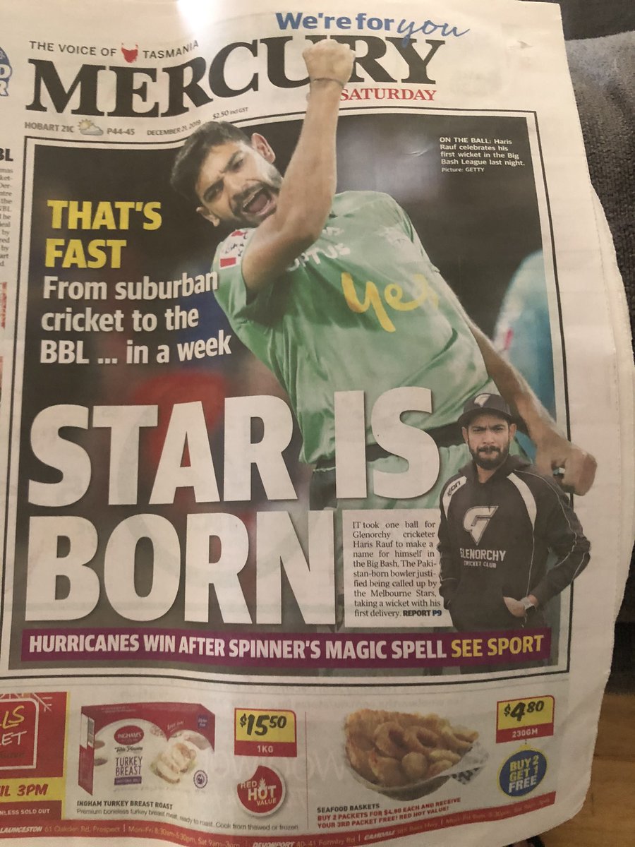 brettygeevz's tweet photo. I’m in love with my man Haris Rauf and the @GlenorchyCC being on the front page of @themercurycomau !! #BBL https://t.co/o278ekngkF