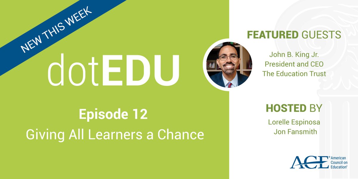 ACEducation's tweet photo. New episode of the #dotEDU podcast is here and it's a big one! Listen to @EdTrust President @JohnBKing talk about his educational journey and why it inspires him to advocate for the underserved and the incarcerated to succeed in #HigherEd. @lorelleespinosa
https://t.co/atvMIQrBgP https://t.co/hZ1dYViypc
