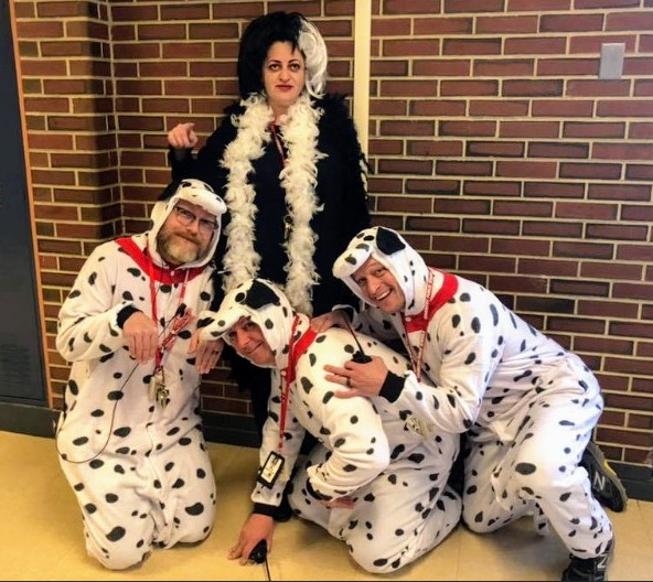 ddelbarone's tweet photo. We challenged the students at #ASFMS to donate 3000 items items to our annual food drive. If they met that goal, the admin agreed to dress in costume for a day. They collected over 5000 items to donate!!!! Today was the day. #theseasonofgiving @coventryschools #101Dalmations https://t.co/yTRpakOztB