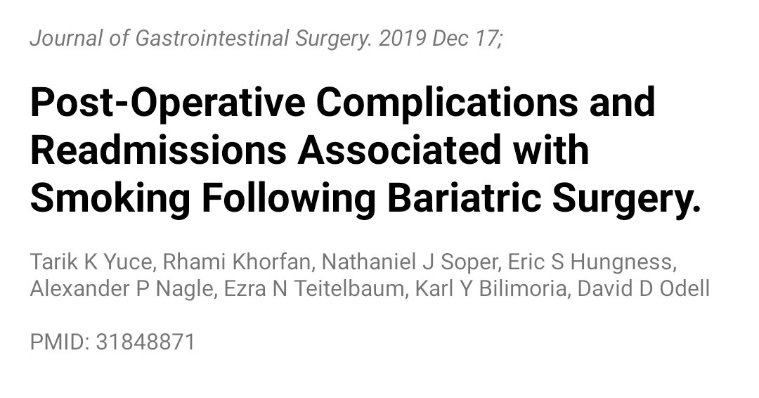 WohaibiMD's tweet image. CONCLUSIONS: 
Smokers undergoing bariatric surgery experience significantly worse 30-day outcomes when compared with non-smokers. There should be a continued emphasis on perioperative smoking cessation for patients being evaluated for bariatric surgery.