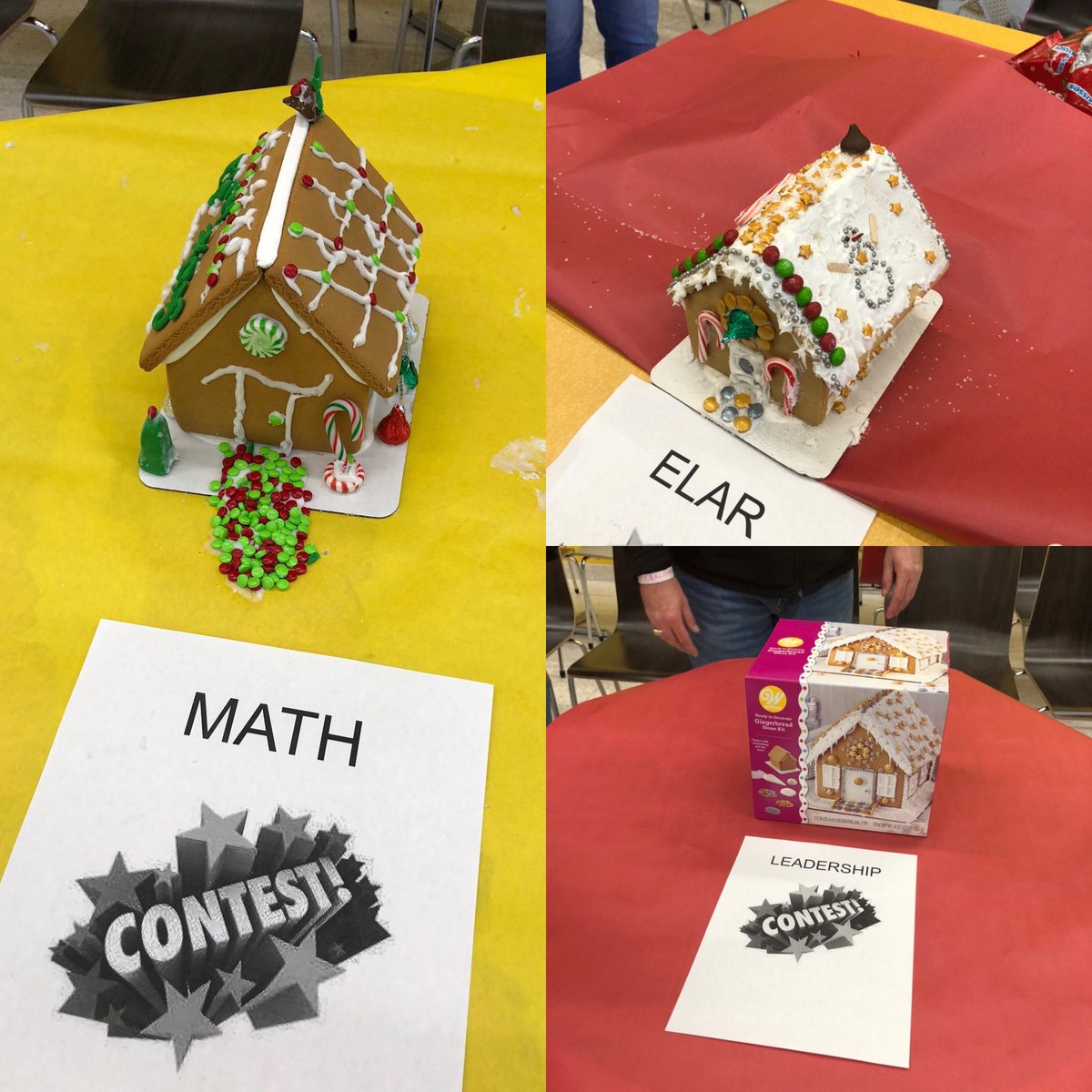 MeadMS_AISD's tweet photo. This turned from fun to competitive in 3.2 seconds lol 😆 #GingerbreadHouseDecorating  @MeadMS_AISD #TeamBuilding https://t.co/lhco50HvJh