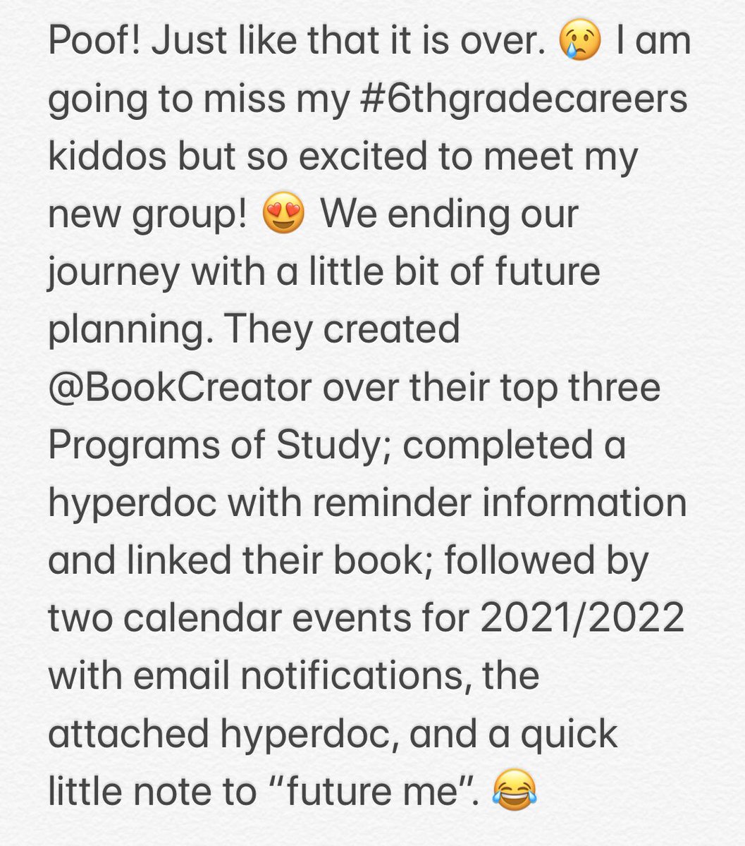 TechRunsThruIt's tweet photo. #needmorecharacters 😂 And just like that, our adventure comes to an end. #6thgradecareers #misdproud @fsmscubs @BookCreatorApp @padlet @googlecalendar @GoogleForEdu https://t.co/JwrGb0KJJg