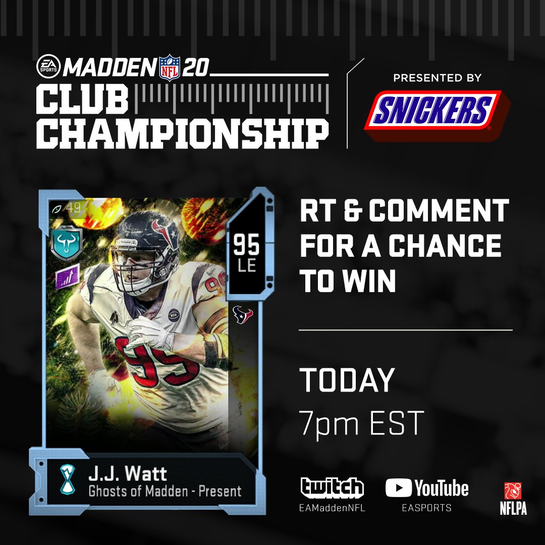 tdavisbrand's tweet image. Follow, RT, and Comment for a chance to win this 95 OVR JJ Watt. Tune into the #MaddenClubChampionship at 7pm est! Who's getting that belt and $100k?
