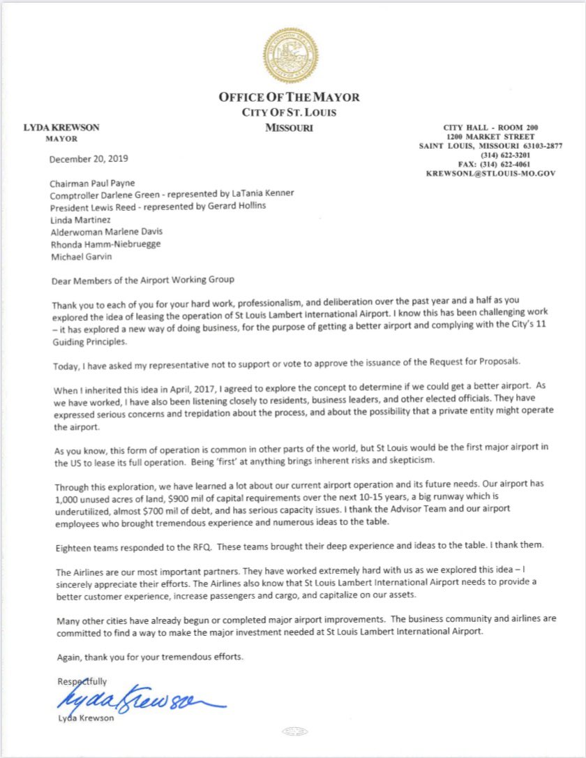 LydaKrewson's tweet photo. Today, I am asking my representative on City’s Airport Working Group to not proceed with RFP for potential leasing of @flystl operations. I thank the entire group, our airlines and everyone who worked on this.

We still need a stronger airport, but let’s get there a different way https://t.co/EHC39LfigF