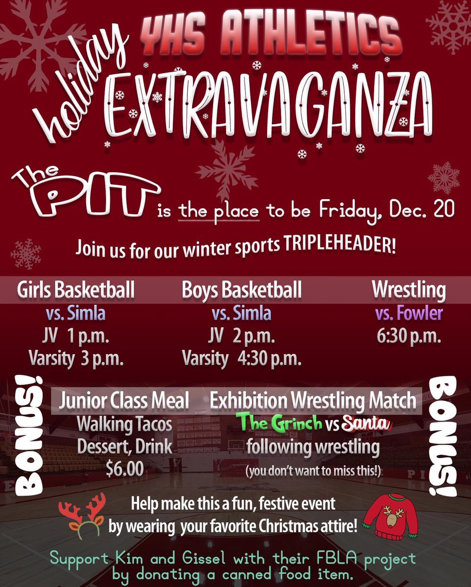 YumaHighUpdates's tweet photo. The Pit is the place to be! See you all there! #RollTribe #copreps @coloradopreps @CHSAA @YumaAthletics #grinchvssanta #tribehoops #yhswrestling https://t.co/A8NKRrAezW