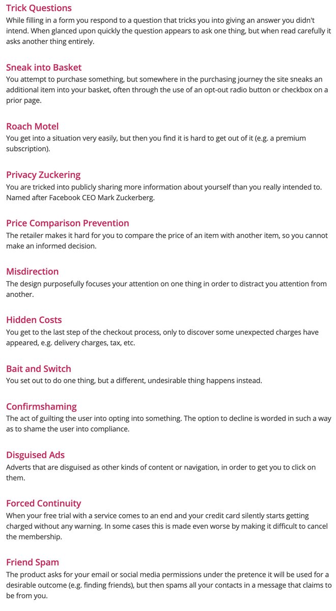 Screenshot from darkpatterns.org, showing types of UI dark pattern.