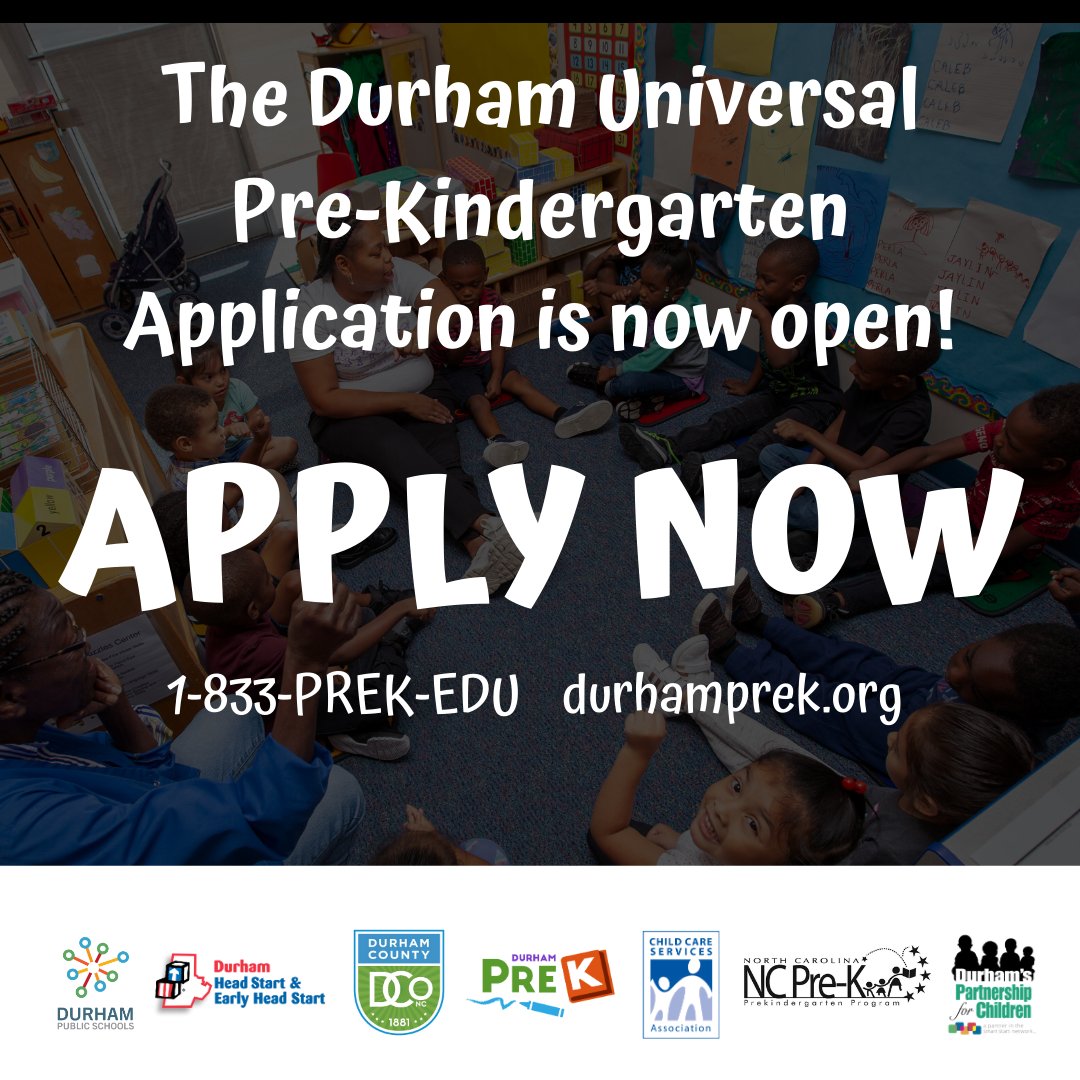 DurhamPrek's tweet photo. 🎉The 2020-2021 Durham Universal Pre-K Application is now open!🎉
🔸ALL children that will be 4 by August 31, 2020 are eligible.
🔹Visit https://t.co/znoCLs2Kz5 to download the application or call 1-833-PREK-EDU for more info!
#prek #durhamprek #durhamhs @DurhamPublic #chtop https://t.co/QYuKBiLriu