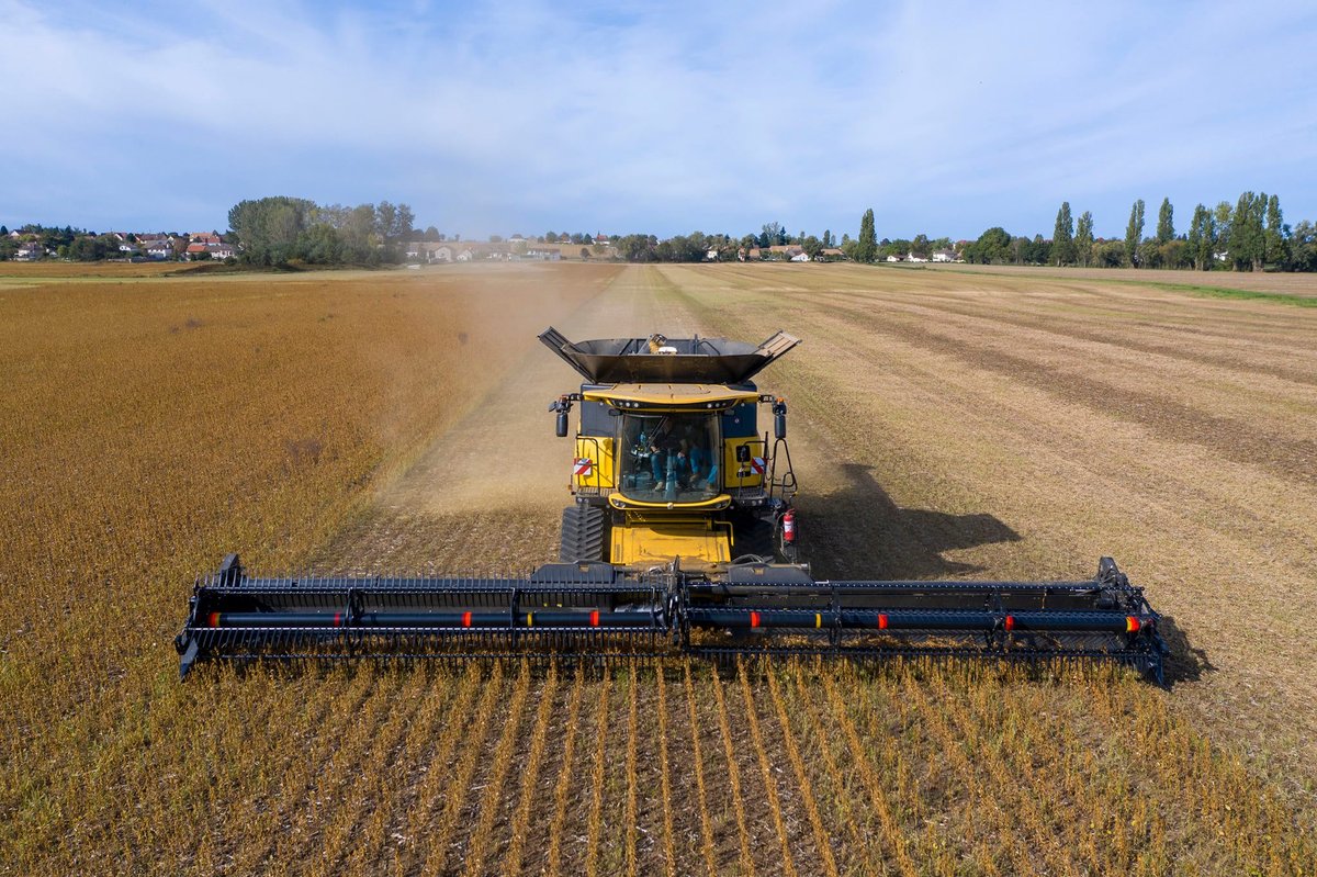 MacDon's tweet photo. The MacDon FD1 #FlexDraper® harvesting Soya beans in France. This model is the widest header in our range of FlexDraper® headers at 13.7 meters wide. 💪 
 #FlexDraperFriday https://t.co/lSWXA4aSTv