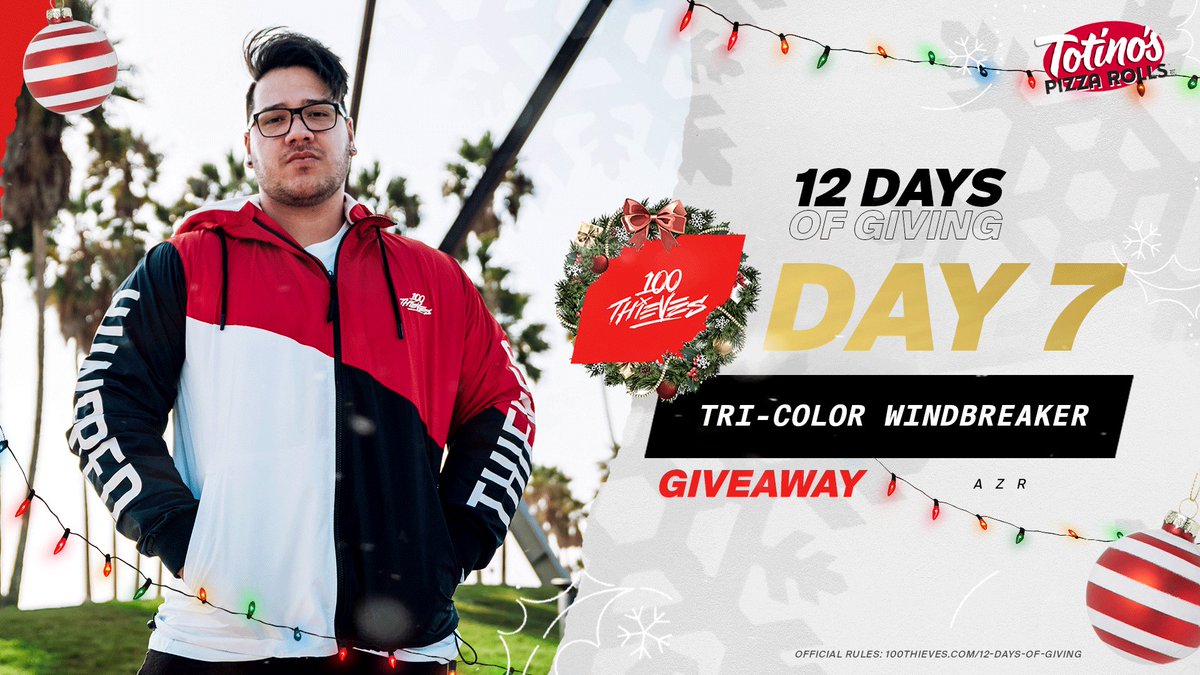 Azr's tweet image. I'm giving away a tri-color windbreaker for Day 7 of 100 Thieves 12 Days of Giving! 🎁

TO ENTER: 
✔️ Follow @100Thieves &amp;amp; @Azr &amp;amp; @Totinos
✔️ RT this tweet
✔️ Reply with your size

Winner in 24 hrs! Happy holidays! #sweepstakes