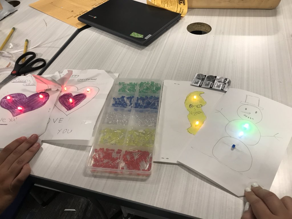 MsRTheTeach's tweet photo. Had a little holiday free time today! Playing with circuits and LEDs is always a perfect alternative for class. #cgesd #cgms #cgesdinnovates @CGMS_Wildcats @CGESD4 https://t.co/ozW8dWl3gO