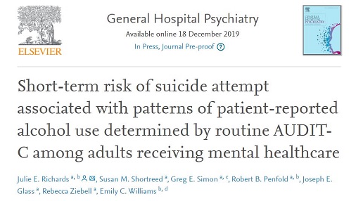Photo of title of new paper in General Hospital Psychiatry: Short-term risk of suicide attempt associated with patterns of patient-reported alcohol use determined by routine AUDIT-C among adults receiving mental healthcare