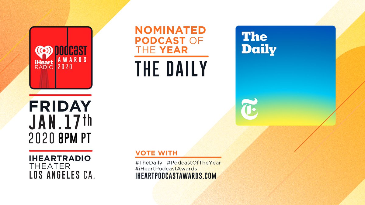 iHeartRadio (@iheartradio) on Twitter photo With all the impeachment news over the past few weeks, no one has been more on top of it than <a href="/mikiebarb/">Michael Barbaro</a> and #TheDaily. π°
RT to vote for #TheDaily for #PodcastOfTheYear at the 2020 #iHeartPodcastAwards
<a href="/nytimes/">The New York Times</a> With all the impeachment news over the past few weeks, no one has been more on top of it than <a href="/mikiebarb/">Michael Barbaro</a> and #TheDaily. π°
RT to vote for #TheDaily for #PodcastOfTheYear at the 2020 #iHeartPodcastAwards
<a href="/nytimes/">The New York Times</a>