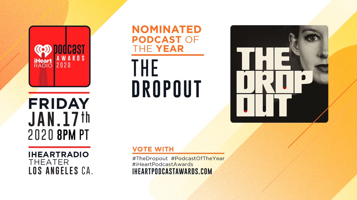 Money. Romance. Tragedy. Deception. The story of Elizabeth Holmes and Theranos. RT to vote for #TheDropout for #PodcastOfTheYear at the 2020 #iHeartPodcastAwards! 🏆 @RebeccaJarvis