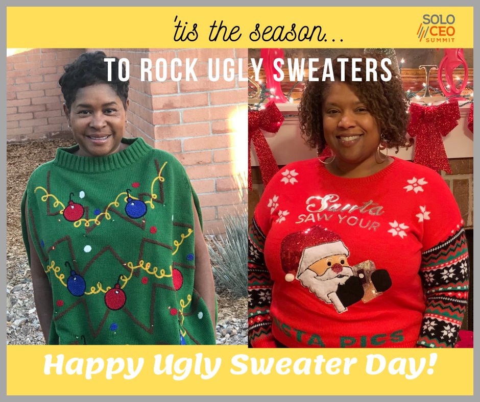 SoloCEOSummit's tweet photo. Doing our part to spread ugly sweater joy. Happy National Ugly Sweater Day! https://t.co/CrCgnUn7e7 
#soloceo #chicago #uglysweaterday #solopreneur #entrepreneurs https://t.co/tRlnJuGqpl