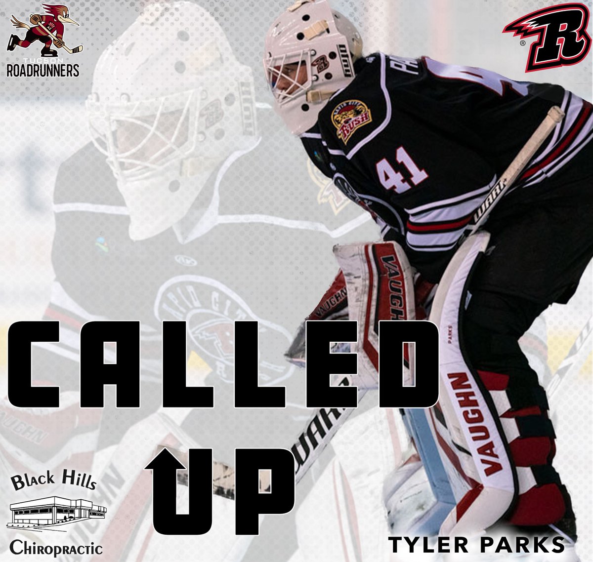 RapidCityRush's tweet photo. Tyler Parks has been Called Up to the @RoadrunnersAHL for this week's first Black Hills Chiropractic LLP Roster Adjustment!

Read More about the Call Up here:  https://t.co/lqAHogNQs0

Congratulations @tparks30! https://t.co/mAyGnoKk6z