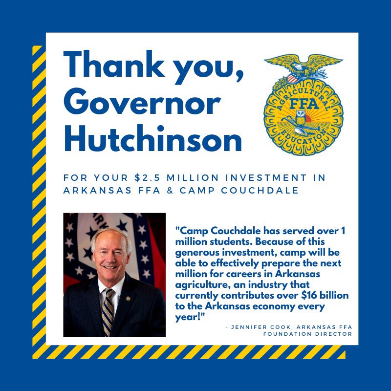 ArkansasFFA's tweet photo. Exciting News! 

The AR Legislative Council unanimously voted to invest $2.5 million in AR FFA Camp Couchdale. This investment will revolutionize the Association's ability to provide experiential learning opportunities to students &amp; prof dvlpmnt to ag educators across the state. https://t.co/mDLbs8jlmA