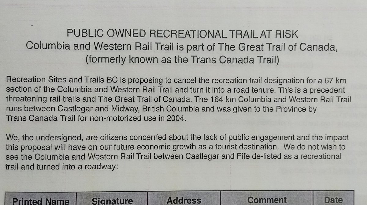 TrailsBC's tweet image. Yesterday a petition was sent to elected representatives and FLNRORD signed by Grand Forks and Castlegar locals to stop the delisting @TheGreatTrail  as a recreation trail. #activetransportation #trailstransform @lisabeare
@KatrineConroy @clairetrevena @CanadaWalks @Canada_Bikes