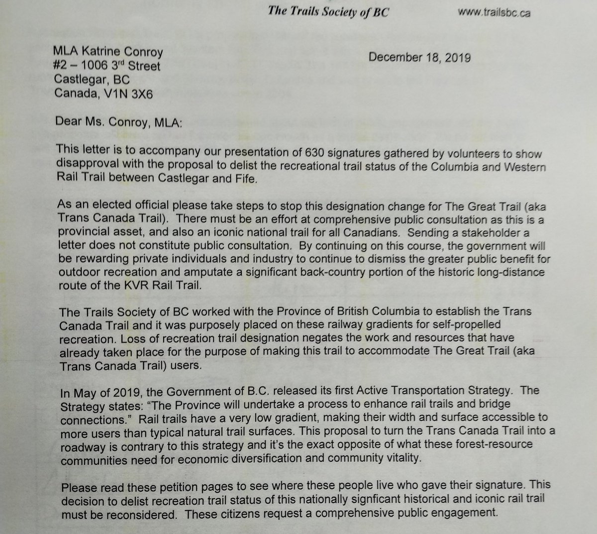 TrailsBC's tweet image. Yesterday a petition was sent to elected representatives and FLNRORD signed by Grand Forks and Castlegar locals to stop the delisting @TheGreatTrail  as a recreation trail. #activetransportation #trailstransform @lisabeare
@KatrineConroy @clairetrevena @CanadaWalks @Canada_Bikes