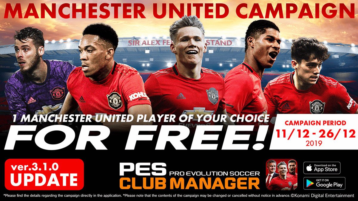 Campagne de célébration de mise à jour v3.1.0 en cours !
Obtenez gratuitement 1 joueur de Manchester United de votre choix dès maintenant ! #pescm #MUFC konami.com/wepes/mobile/p…