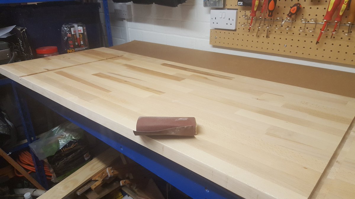 Standard8's tweet image. Working on the tabletops we&apos;re going to be using on Christmas day. Cut to size on Wednesday, now sanding the edges. Then three coats of oil to do #diy #christmas #shortontime