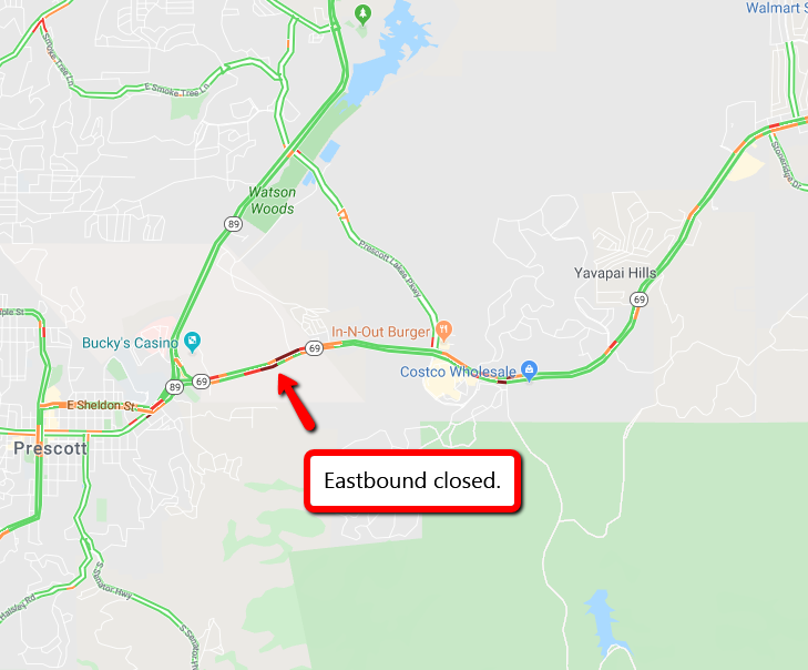 ArizonaDOT's tweet photo. SR 69 EB: A crash is blocking the highway at milepost 295, near Yavpe Connector. #aztraffic https://t.co/jLXo1rN5tl