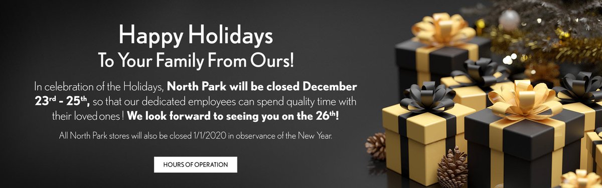 LexusDominion's tweet photo. Happy Holidays from North Park Lexus! We will be closed Monday, December 23rd through Wednesday, December 25th. We look forward to seeing you on the 26th! 

We will also be closed on January 1st in observance of the New Year.

https://t.co/hOX9xnCmWg https://t.co/6qMEyEiCYm