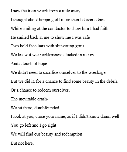 AKonasi's tweet photo. Train Wreck
#oc #poetry #writingcommunity https://t.co/akFxGi1yaK