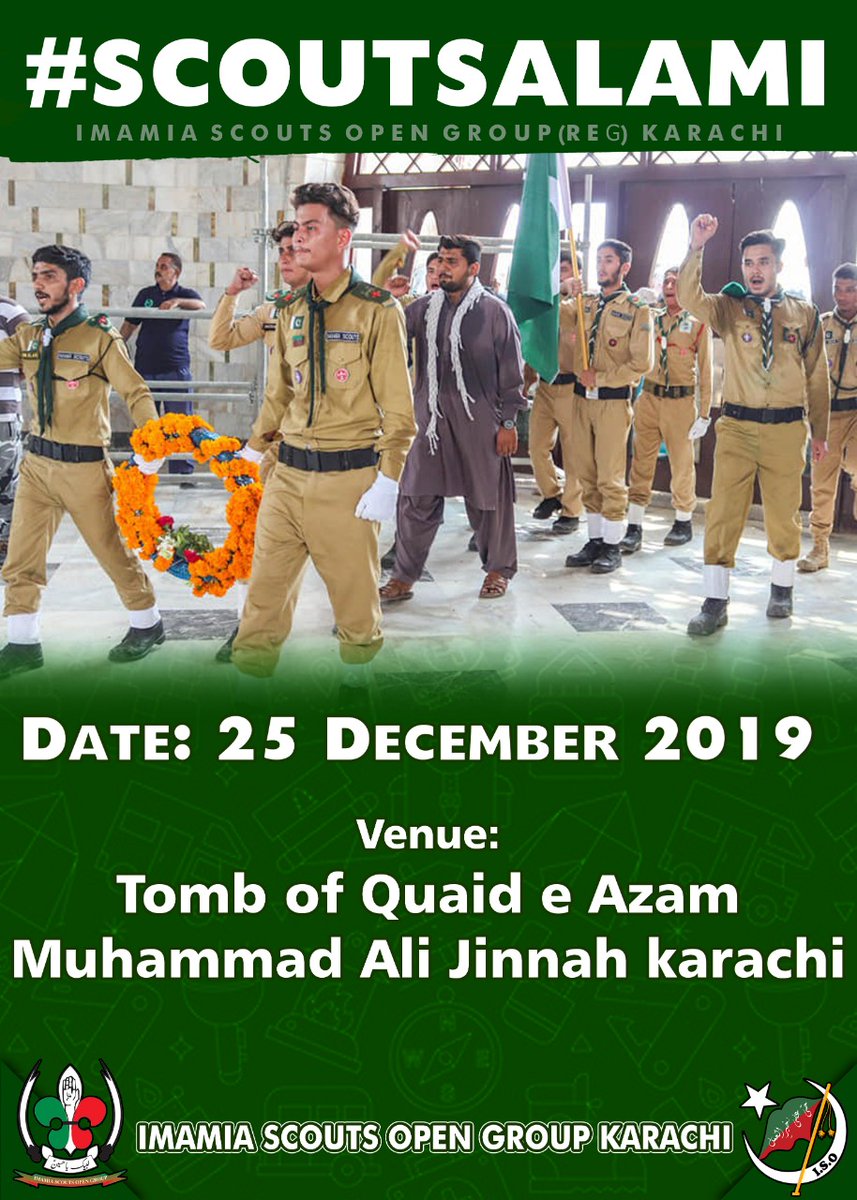 ISOPAKKD's tweet photo. "IMAMIA SCOUTS ALERT"
Scout Salami
Date: 25 December 2019
Venue: Tomb of Qaid e Azam Muhammad Ali jinnah Karachi
IMAMIA SCOUTS OPEN GROUP KARACHI
#ISO #IMAMIA_SCOUTS #25DECEMBER #QUIADEAZAM #ISOPAKKD https://t.co/G9rWhs3FdY