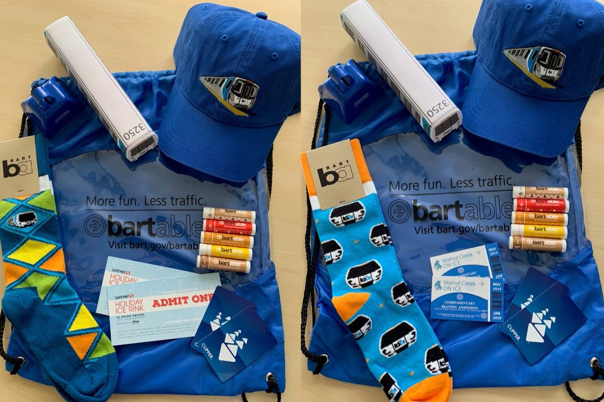 SFBARTable's tweet photo. 🎶On the final day of #Giveaways BARTable gave to me...🎶

The ultimate BARTable prize pack. #SFBART socks, Fleet of the Future toy train &amp; hat, 2 tickets @UnionSquareRink or @WalnutCreekIce, 2 $11 @BayAreaClipper cards &amp; more! Retweet &amp; follow us to #win! 2 winners chosen 12/23. https://t.co/JTb7mcvnPa
