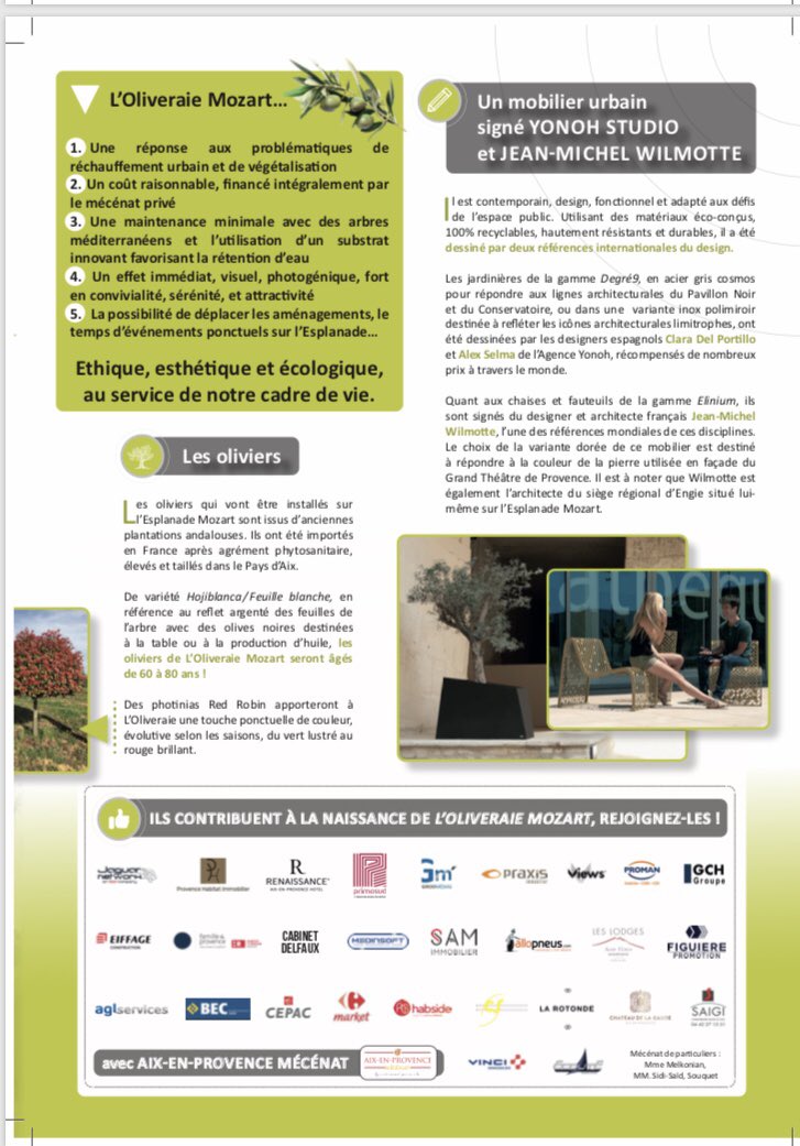 groupesemepa's tweet photo. Présentation ce matin de notre beau projet“L’Oliveraie Mozart” #végétalisation #convivialité de l’Esplanade Mozart,coeur piéton Forum des #Arts @aixmaville 1 forêt d’oliviers centenaires & mobilier urbain #design by #Cyria #Wilmotte #Yonoh intégralement financée par le #mécénat👍🏻 https://t.co/iyU6diui1S