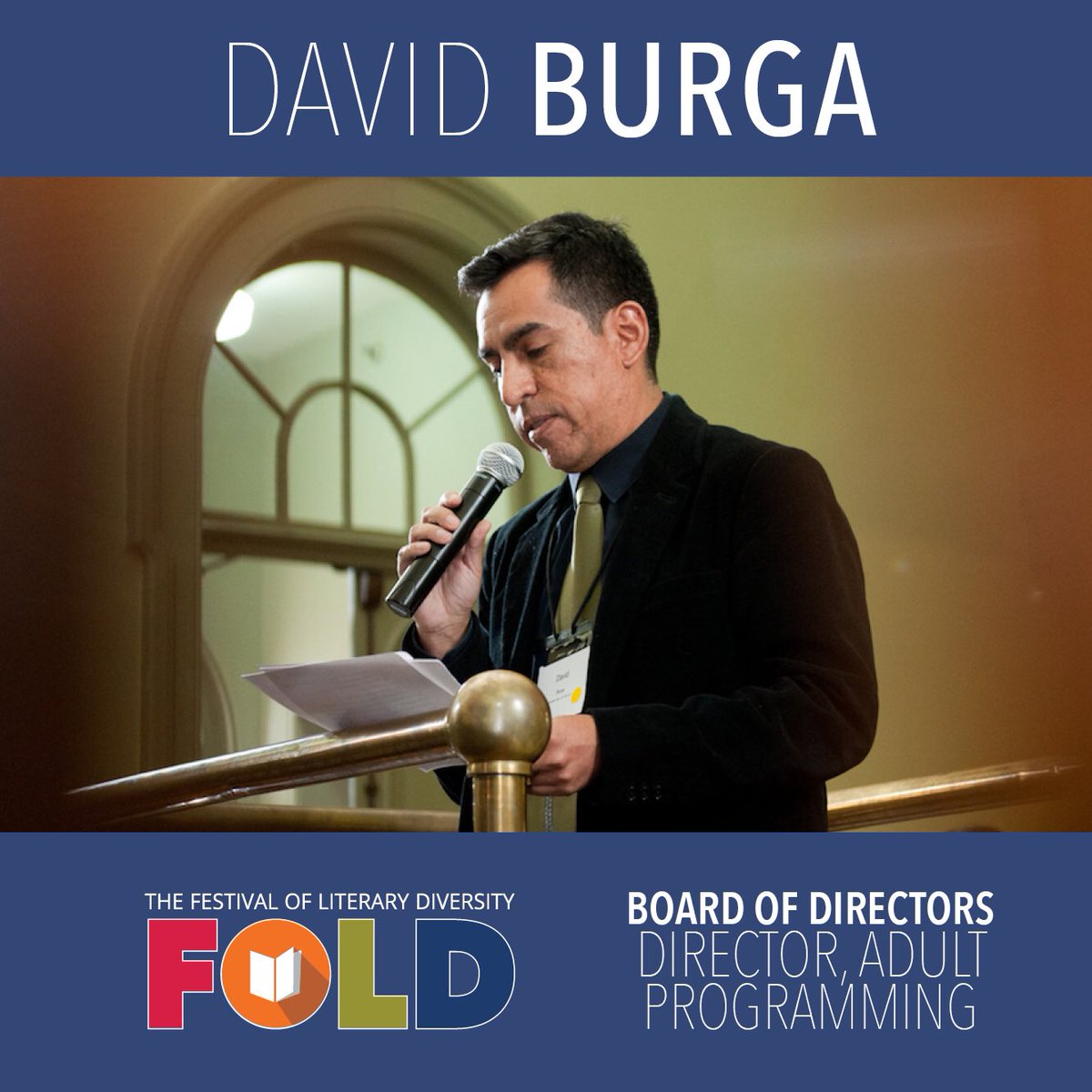 TheFOLD_'s tweet photo. @davideburga is our Director of Adult Programming, and also sits on the FOLD Planning Team. You might remeber him from his stint at the Writer’s Court at #FOLD2016—see picture below! #FOLDBoardOfDirectors 6/ https://t.co/9nbvOWmIQj