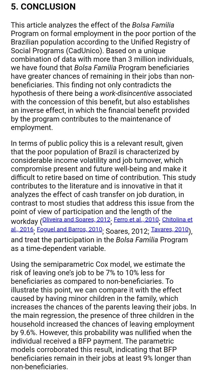 A novel analysis of Brazil's cash transfer program reveals that the income counterintuitively results in people remaining employed for 7-10% longer than non-recipients. Basically the stable source of money helps maintain employment. http://www.scielo.br/scielo.php?script=sci_arttext&pid=S0034-76122017000500708&lng=en&nrm=iso&tlng=en  #BasicIncome  #YangGang