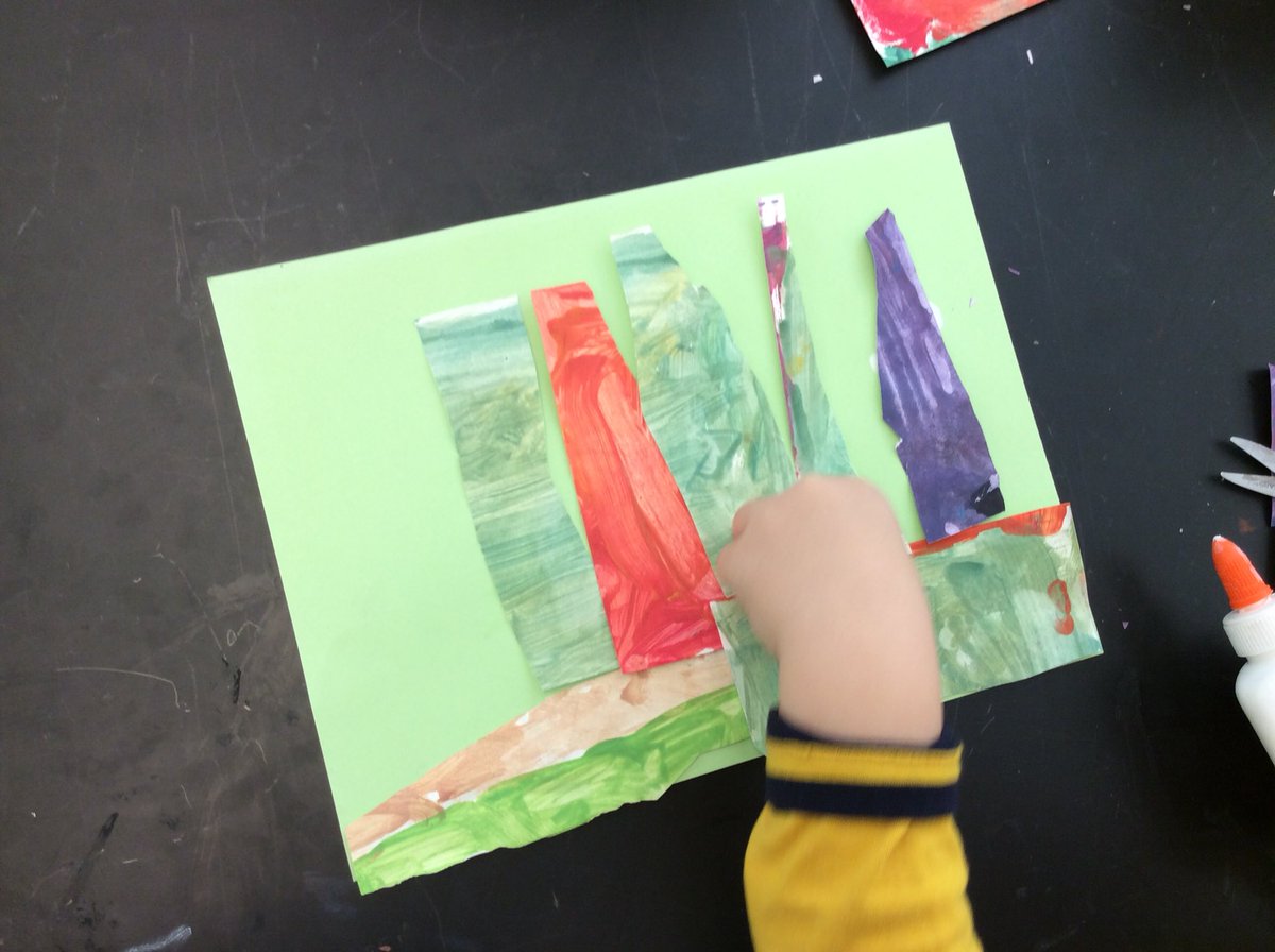 artwithmsem's tweet photo. After practicing their ripping and gluing skills for a few classes, kindergarteners learned how to cut with scissors and began creating collages with a wider choice of colors. Their collage skills are blowing me away!!! ✂️ https://t.co/I1w5OXbFUm