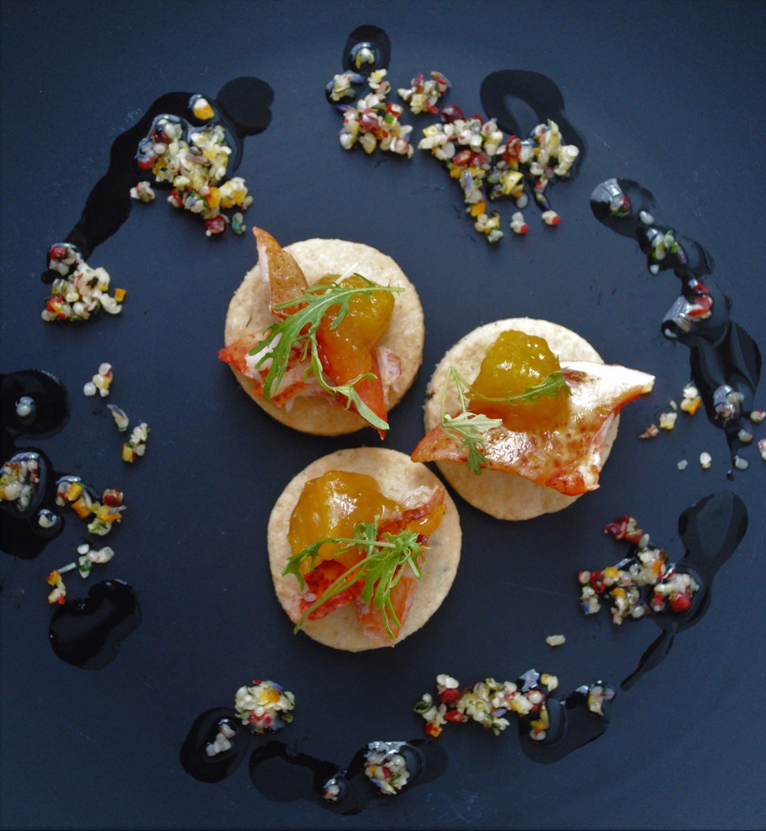 Tarragon Brown Butter Shortbread topped with
Sous Vied Lobster Tail and Orange Marmalade!