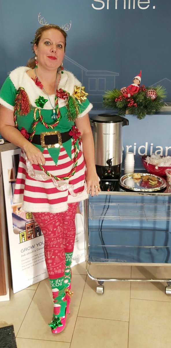 As requested, a head to toe to Elf Cheryl. This busy elf has bounced from meeting to meeting to cameo requests all day. Making <a href="/MeridianCU/">Meridian CU</a> Essa proud!
#CanYouFindBillyTheElf 
#mcuuglychristmassweaterday