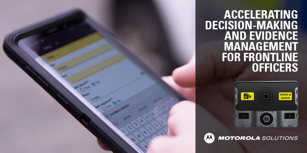 MotoSolutions's tweet photo. #MotorolaSolutions' newly announced @Edesix #BodyWornCamera and vehicle licensing data integrations for its Pronto mobile #DigitalPolicing software accelerate decision-making and improve evidence collection and management for frontline officers. Details: https://t.co/8TLtD4A2VO https://t.co/Nrdu07OkKv
