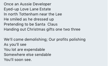 TAGLoveLane's tweet photo. RA must have blown their yearly council funding of £250 on this event but maybe @haringeycouncil leader @CllrEjiofor handed them a few Xtra £££ for Christmas. Regen officers along with non Love Lane residents to boost the numbers for maybe to come propaganda shots. https://t.co/sqfRIZypNq