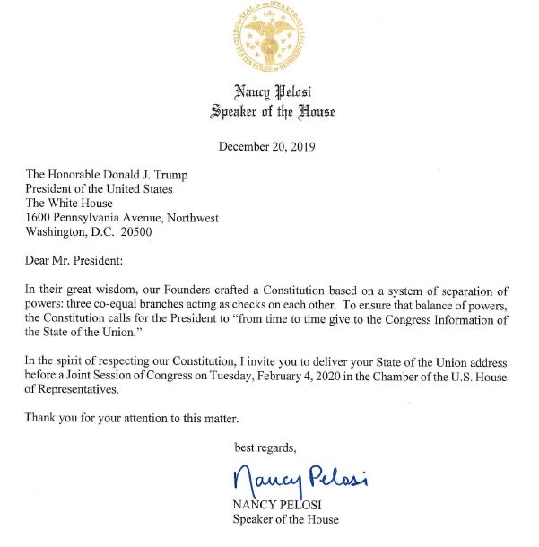 Dear Mr Traitor,

Although we hope to remove you from office before then, can you please visit us on Feb. 4 so we can give you 75 standing ovations?

Also let me know if, in the meantime, we might be able to raise your military budget.

Thank you &amp; you belong behind bars.

-Nancy