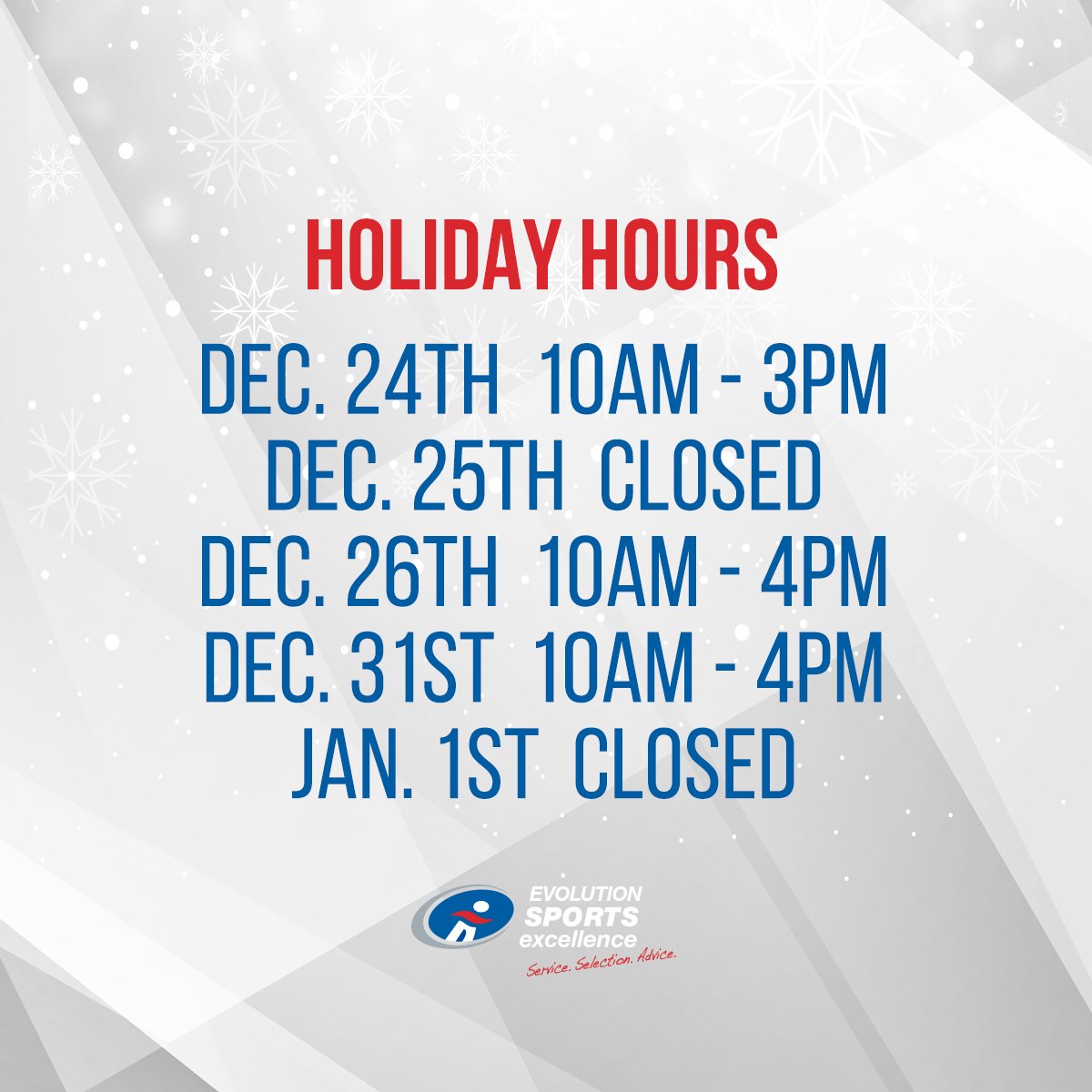 Wishing you all happy holidays! Please be aware of the following hours over the holidays. We will be closed Christmas Day and New Years Day. Be sure to stop by Boxing Day and take up to 25% off the entire store! 

*sale excludes all current Bauer Elite &amp; Performance gear