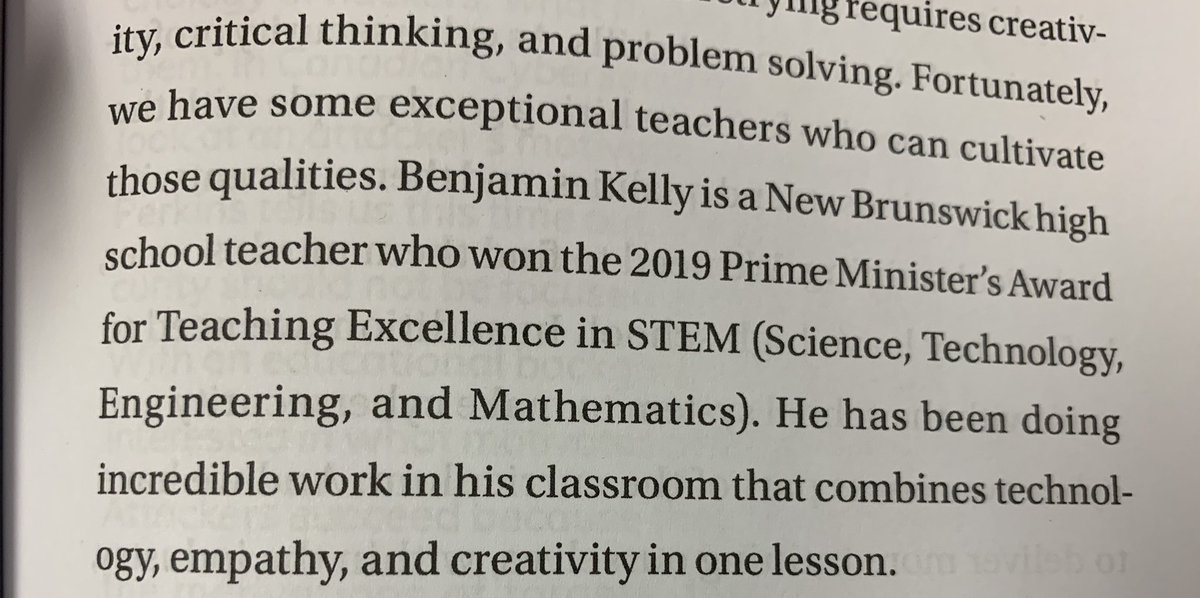 BBTNB's tweet photo. My #Cybersecurity students (and future @UNB talent) have been reading the book @SecuRees gifted them. Imagine their surprise when discovering this passage about me! Imagine my surprise when they told me about it :) Wow! #NBED #FutureReadyNB #STEM #PMAward @Cyber_NB https://t.co/EXJW7L1Oj8