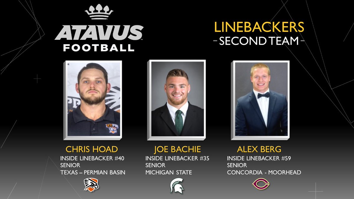 AtavusFootball's tweet photo. @Cobber_Football @BUFootball @OU_Football @BigRed_Football @MSU_Football @UTPBFootball @SMU_Football @GoBearcatsFB @utpbfalcons @Concordia_MN Atavus #AllTackle 2nd Team 🏆 Linebackers: 

LB, #UTPB: Chris Hoad
#FalconsUp

LB, #MSU: Joe Bachie 
#GoGreen

LB, #Concordia: Alex Berg
#RollCobbs https://t.co/YlERCacexk