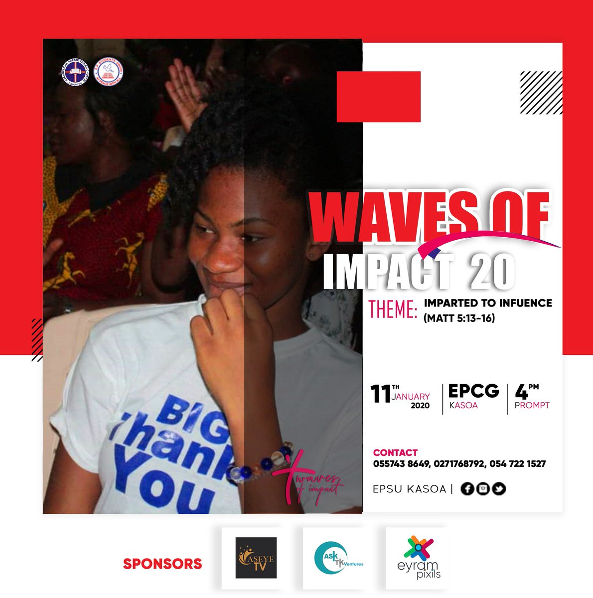 EpsuKasoa's tweet photo. Waves Of Impact on the 11th of January, 2020..........?
WHY NOT ๐ช๐ฝ๐ฅ
#WAVESOFIMPACT
#11THJANUARY2020
#IMPARTEDTOINFLUENCE
#EPSUKASOA https://t.co/pocTtrQKaY