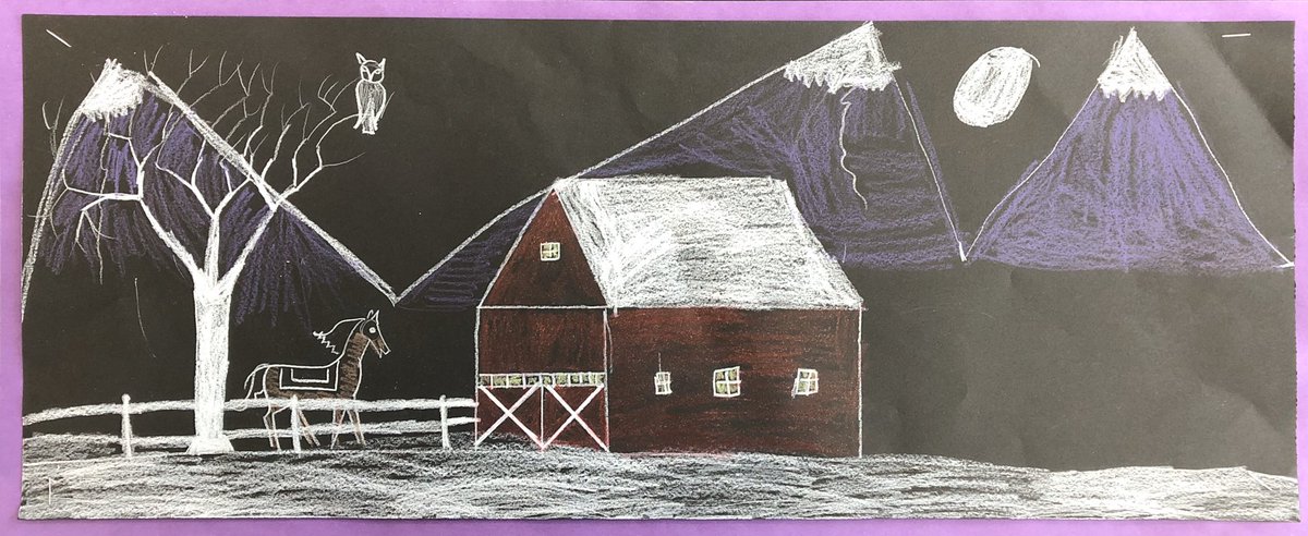 First grade students have completed beautiful winter landscapes. Students focused on geometric shapes using rulers to construct the barns, and organic shapes for the trees and mountains. #clsstripes #ellingcen