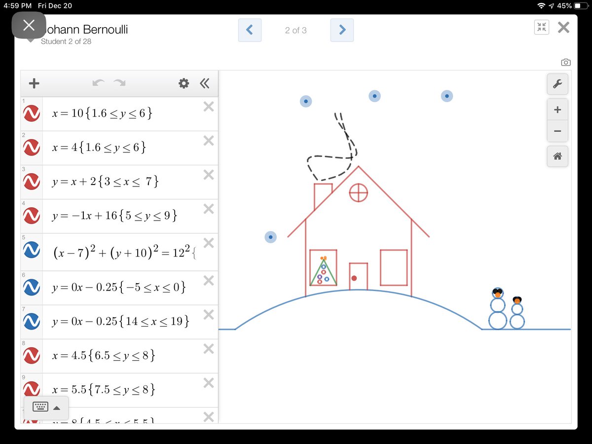 adooz's tweet image. Another fabulous day with 7th and 8th grade Algebra 1 making winter scenes in @Desmos !  Love seeing their creativity in playing with different equations. #iteachmath #mtbos #alg1chat