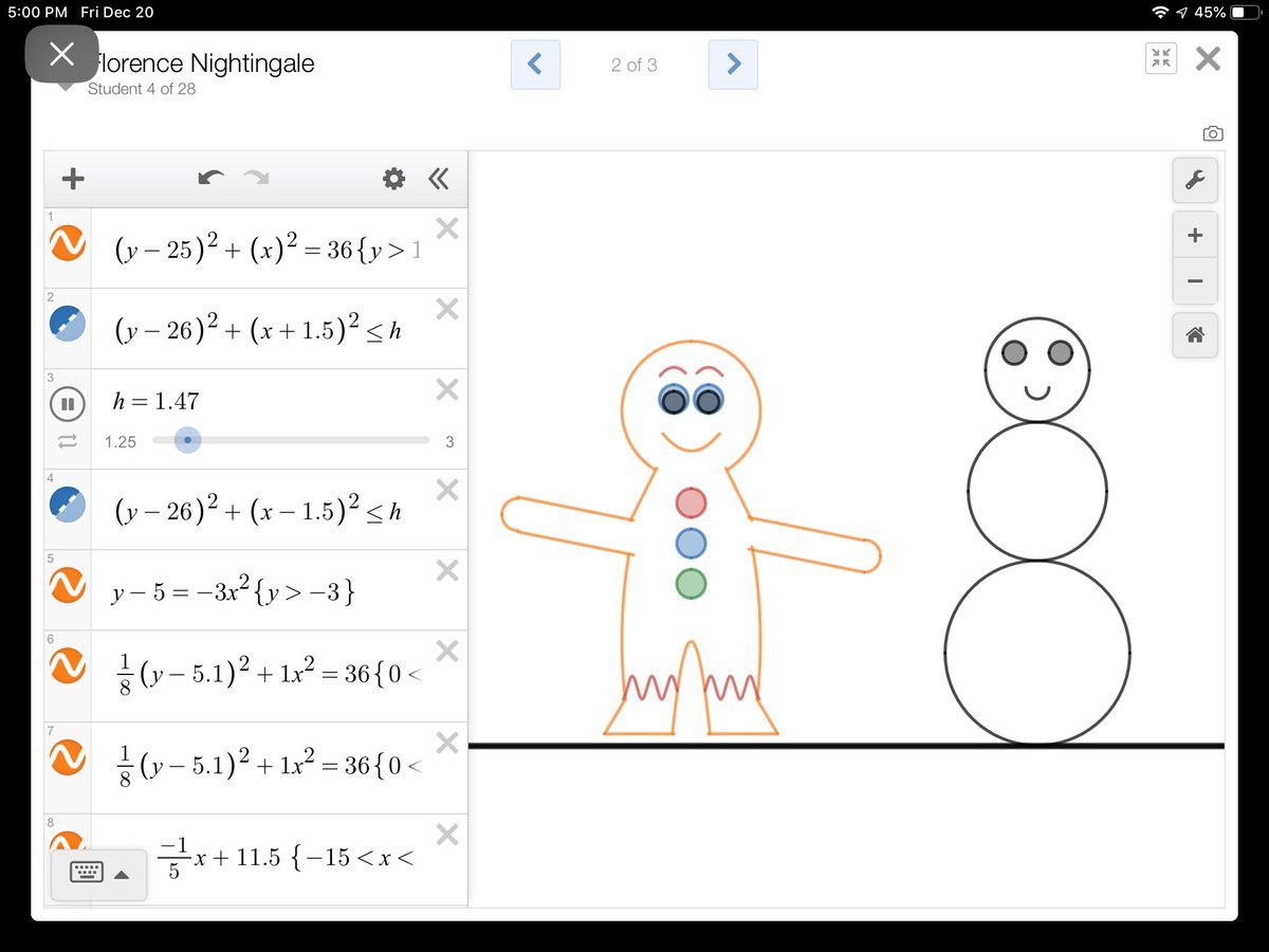 adooz's tweet image. Another fabulous day with 7th and 8th grade Algebra 1 making winter scenes in @Desmos !  Love seeing their creativity in playing with different equations. #iteachmath #mtbos #alg1chat