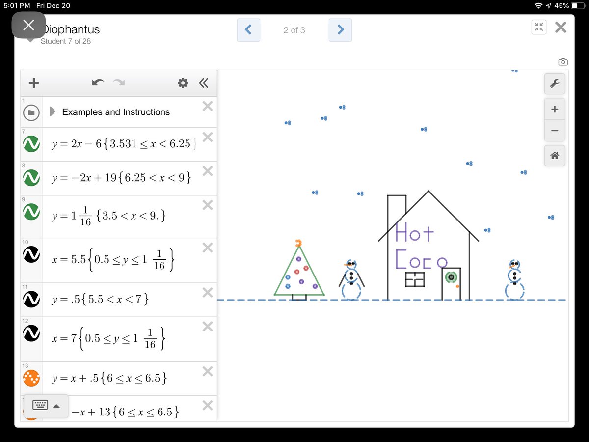 adooz's tweet image. Another fabulous day with 7th and 8th grade Algebra 1 making winter scenes in @Desmos !  Love seeing their creativity in playing with different equations. #iteachmath #mtbos #alg1chat