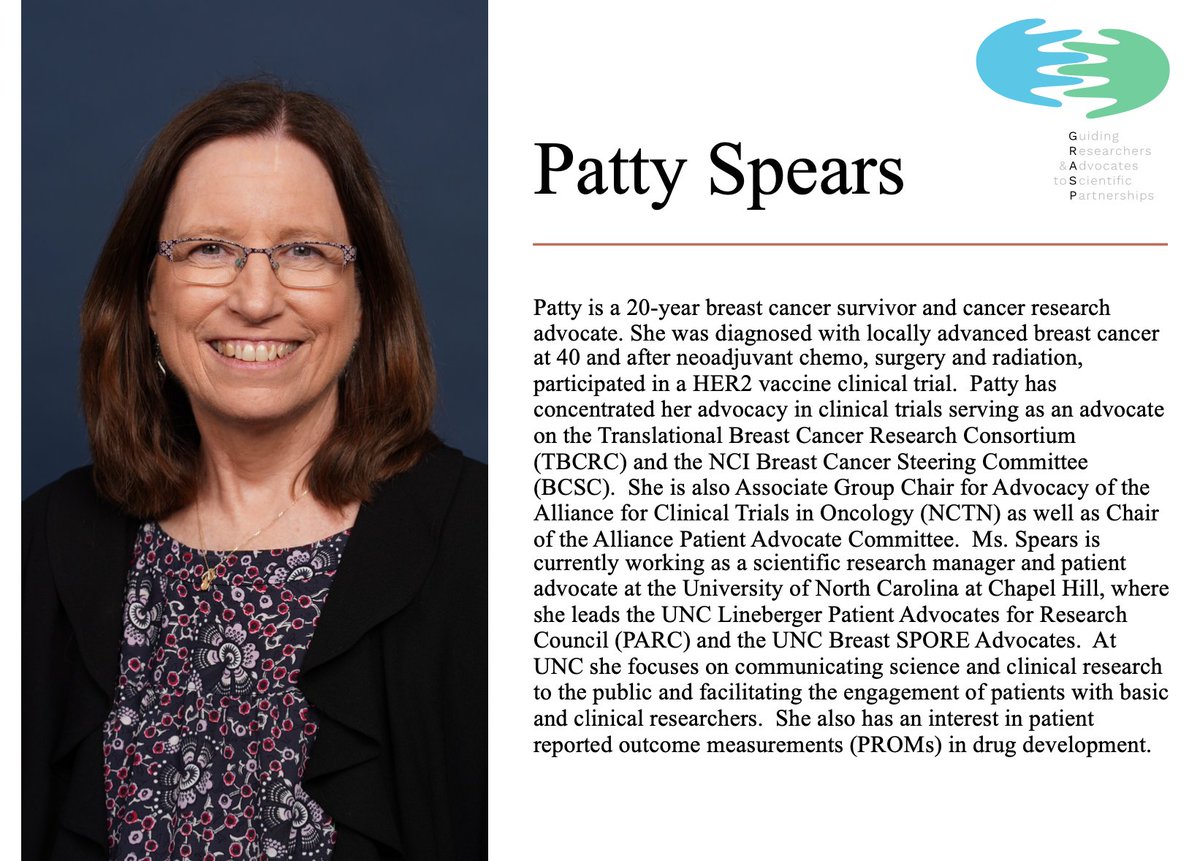 GRASPtweets's tweet photo. The next #GRASPcancer MENTOR is 20-year BC survivor and advocate @paspears88. Patty is a leader and mentor working tirelessly to bring the patient voice to cancer research in #TBCRC, @SusanGKomen #Alliance, @UNC_Lineberger and #PROs. It was an honor to have her as a GRASP mentor! https://t.co/jkxDY1fJvQ