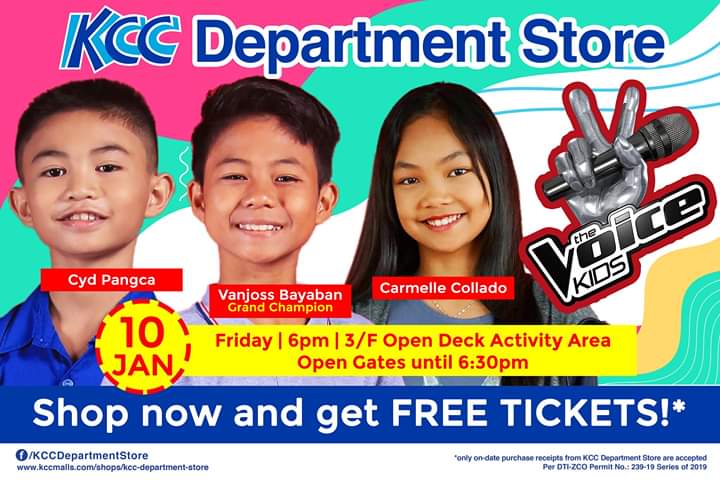 KCCMalldeZambo's tweet photo. Feel the NEW YEAR VIBES dito sa KCC Mall de Zambonga!
Be a KCC Bonus Card Member now to get your free tickets when you shop at KCC Department Store!
MakiKANTA at makiSAYA kasama ang iyong mga paboritong THE VOICE KIDS TOP 3!
#ZamboFirst #MoreChoices #TheVoiceKids #KCCZamboanga https://t.co/H2xWmQEbcs
