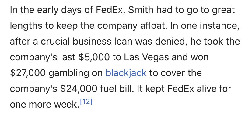 Fascinating reading about the earlier days of FedEx. 

Fred Smith is worth about $6 Billion today, and FedEx is a $40 Billion company.