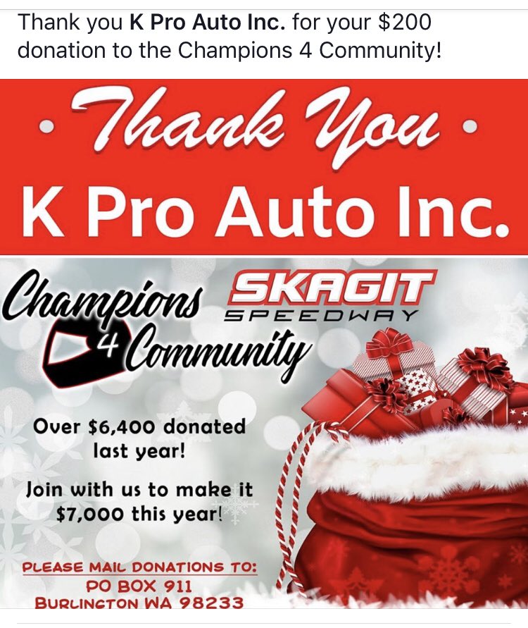 62kirkham's tweet photo. Thanks to our sponsor always supporting the Skagit Speedway Christmas Champions 4 Community ❤️.   Every little but helps    Thanks to all who could give this season     Merry Christmas to all 🎅🏻 https://t.co/17xbCHXPta